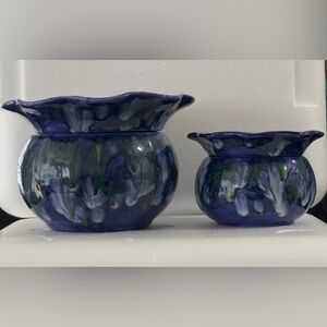 Small & Large Blue and Green Glazed Ceramic Violet/Orchid Planters.